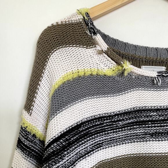 Lou & Grey Green White Striped Fringe Time Pullover Sweater Women's Small - Picture 4 of 8